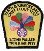 This badge commemorates the visit of the Chief Scout to our Area in June 1999. The peacock is a bird seen commonly in the grounds of Scone Palace, where the visit was held. Scone Palace was once the coronation site of the ancient kings of Scotland. Some badges are still available to buy.